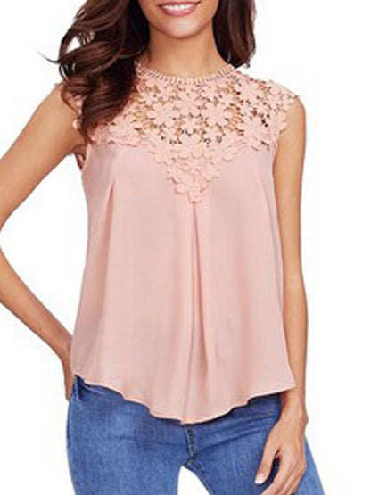 Round Neck  Decorative Lace See-Through Tops