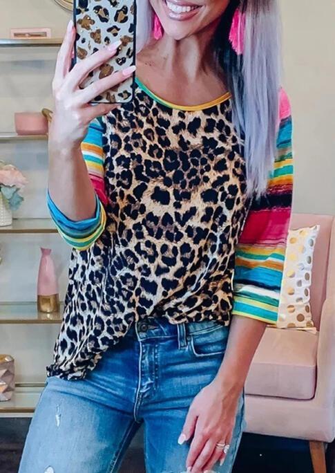 Leopard Printed Neon Splicing Long sleeve T-Shirt Tee