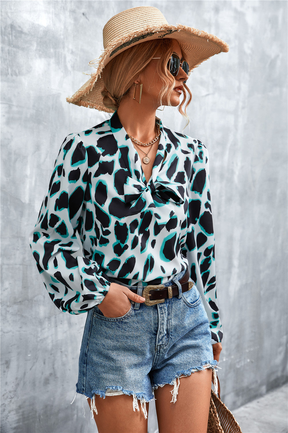 Hot Sale V Neck Tie Vintage Print Tops