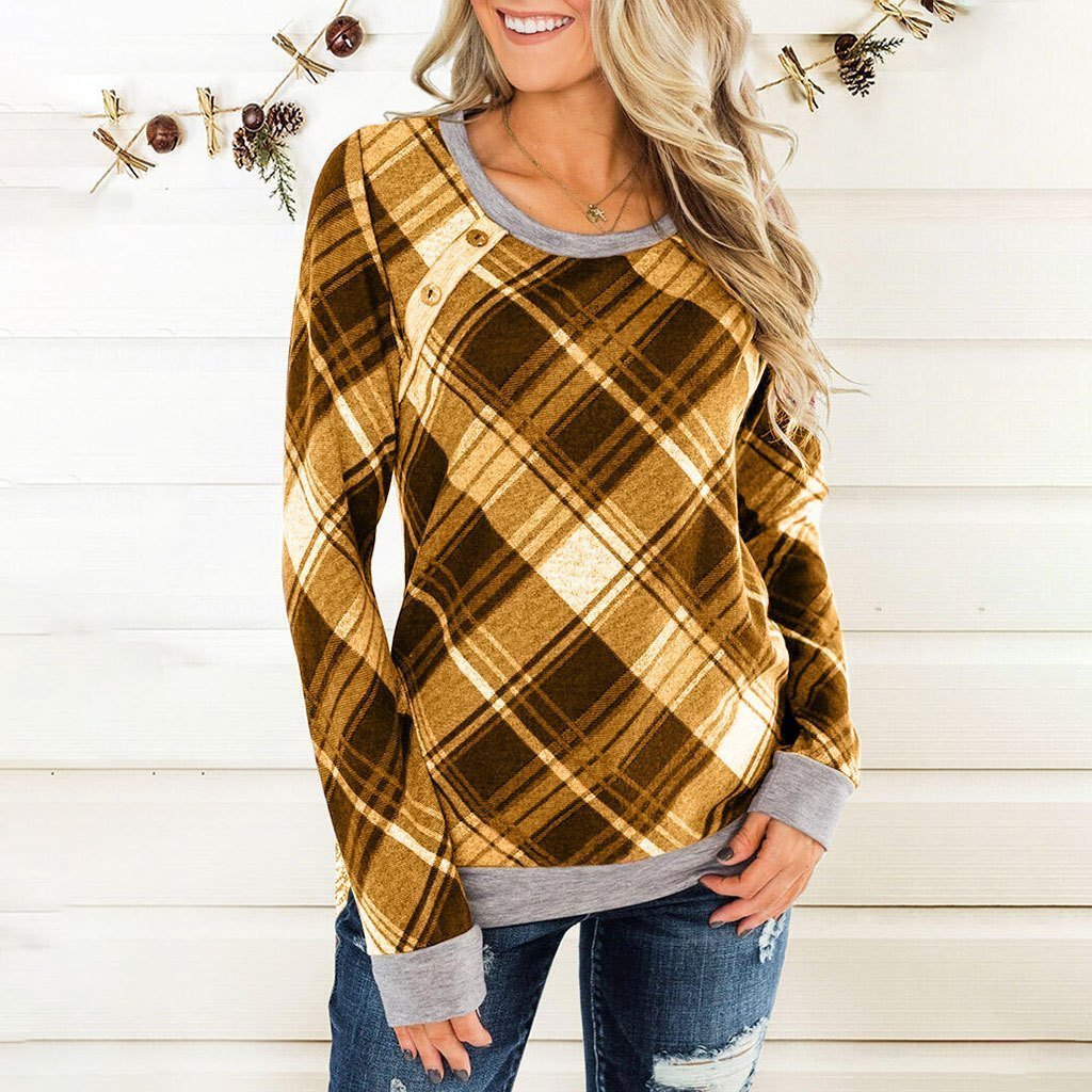 Round Collar Button Plaid Long Sleeve T-shirt
