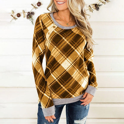 Round Collar Button Plaid Long Sleeve T-shirt