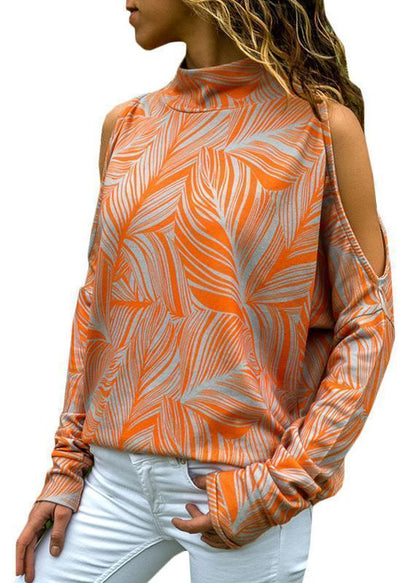 Fashionable Cold-Shoulder Wavy Stripes Long-sleeve Top