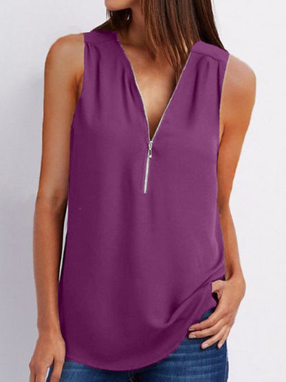V-Neck  Zips  Plain  Sleeveless Tops