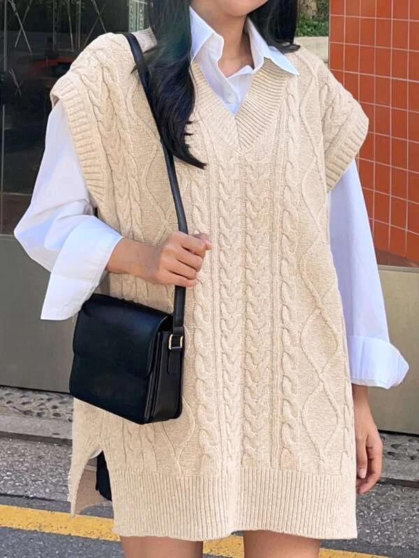 Split Hem Cable Knit Sweater Vest Without Blouse