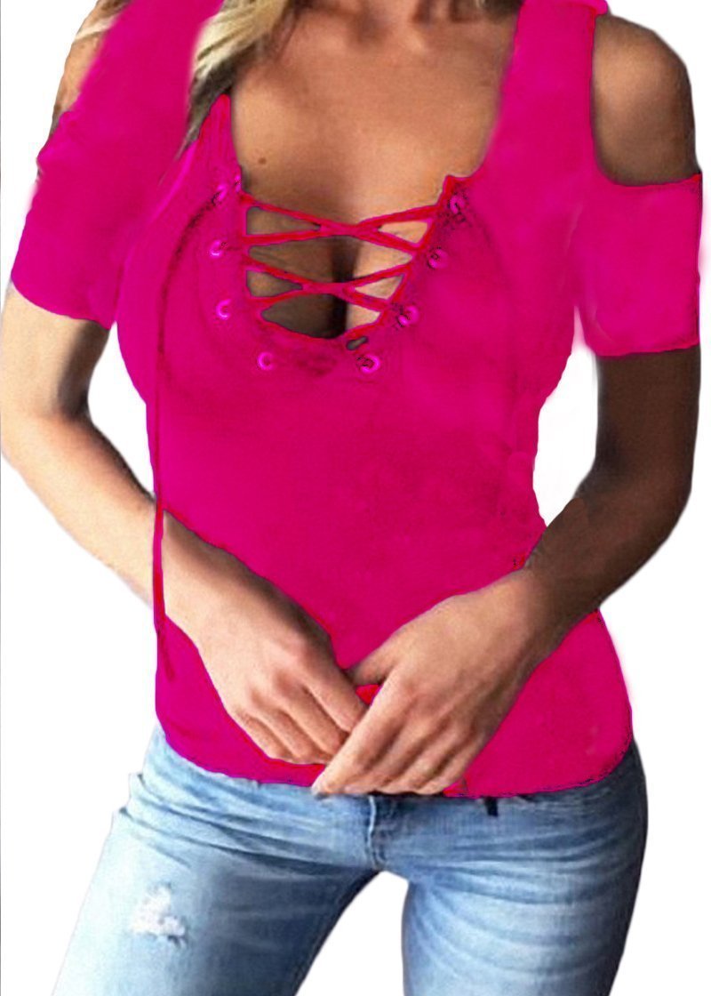 New V-neck Solid Lacing Off Shoulder Short Sleeve T-shirt
