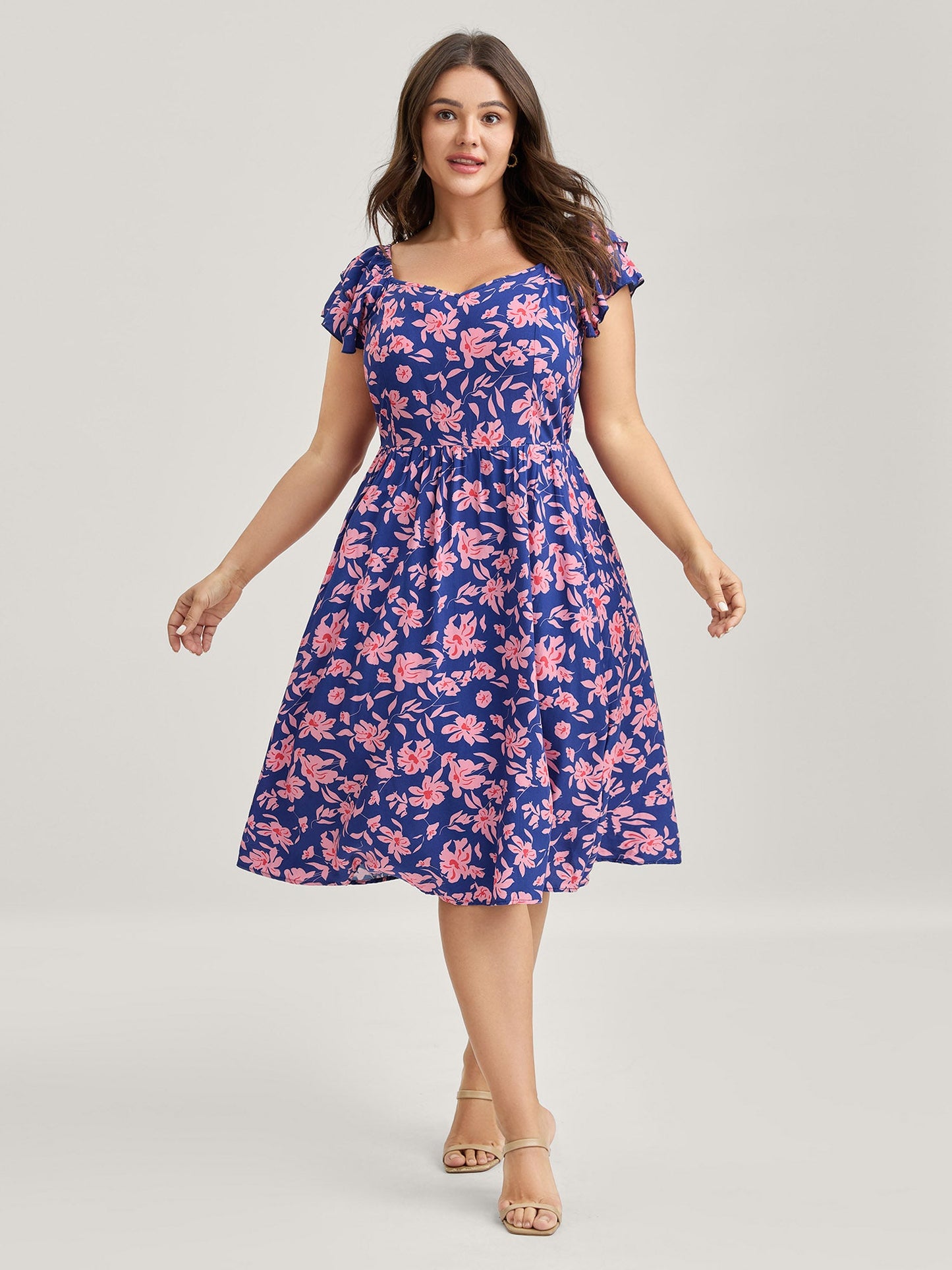 Rayon Silhouette Flower Ruffled Sleeve Midi Dress
