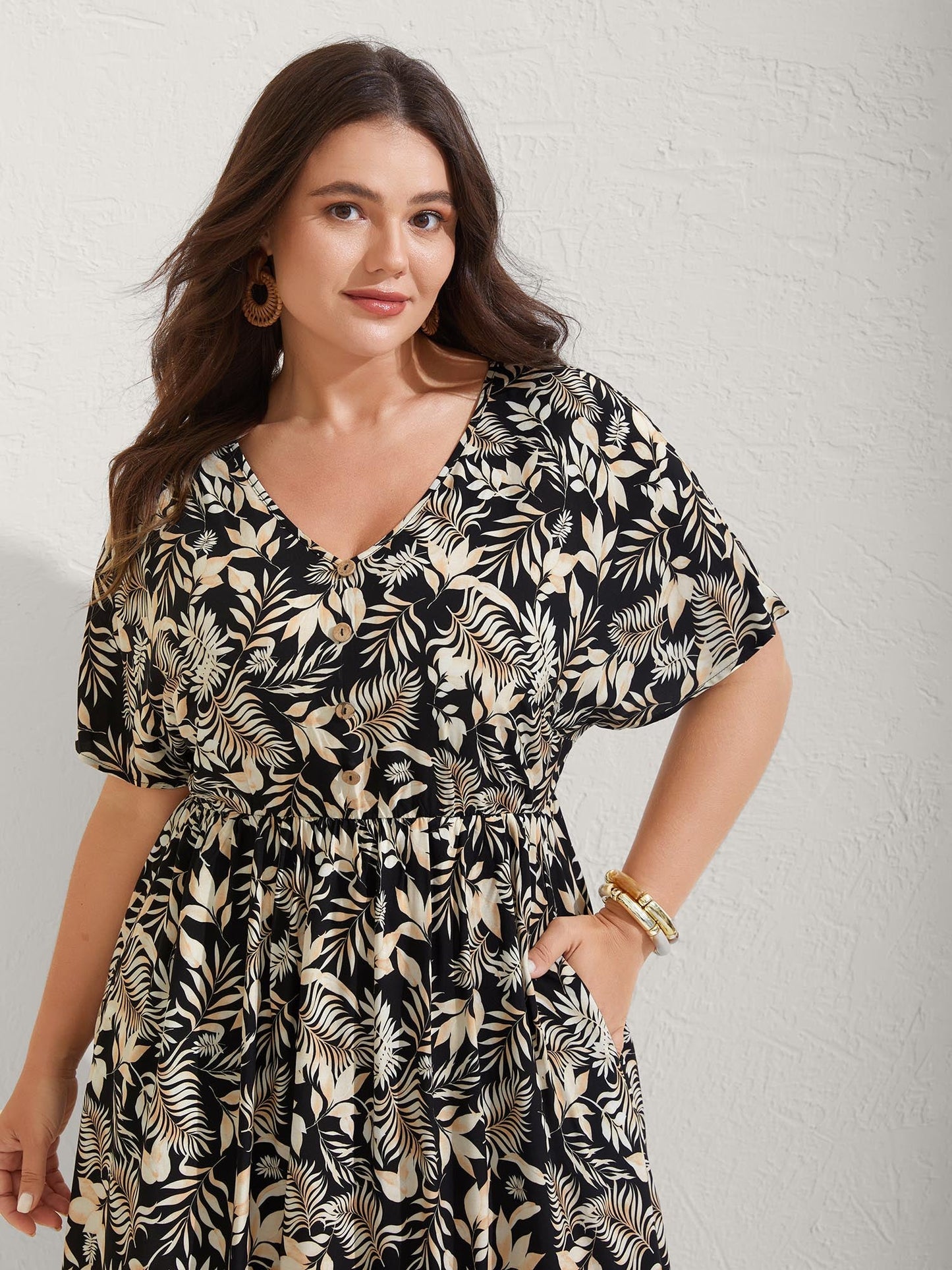 Rayon Floral Print Button Detail Midi Dress