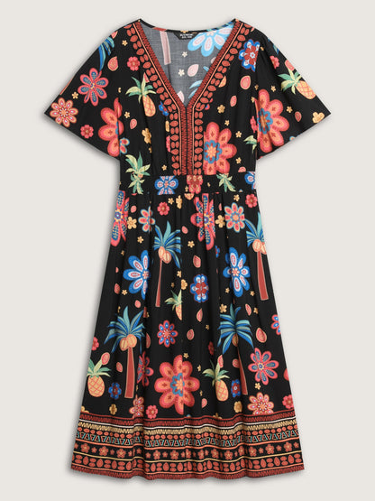 Rayon Tropical Floral Shirred Waist Midi Dress