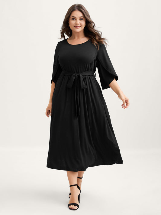 Petal Sleeve Belted Waist-Defining Midi Dress