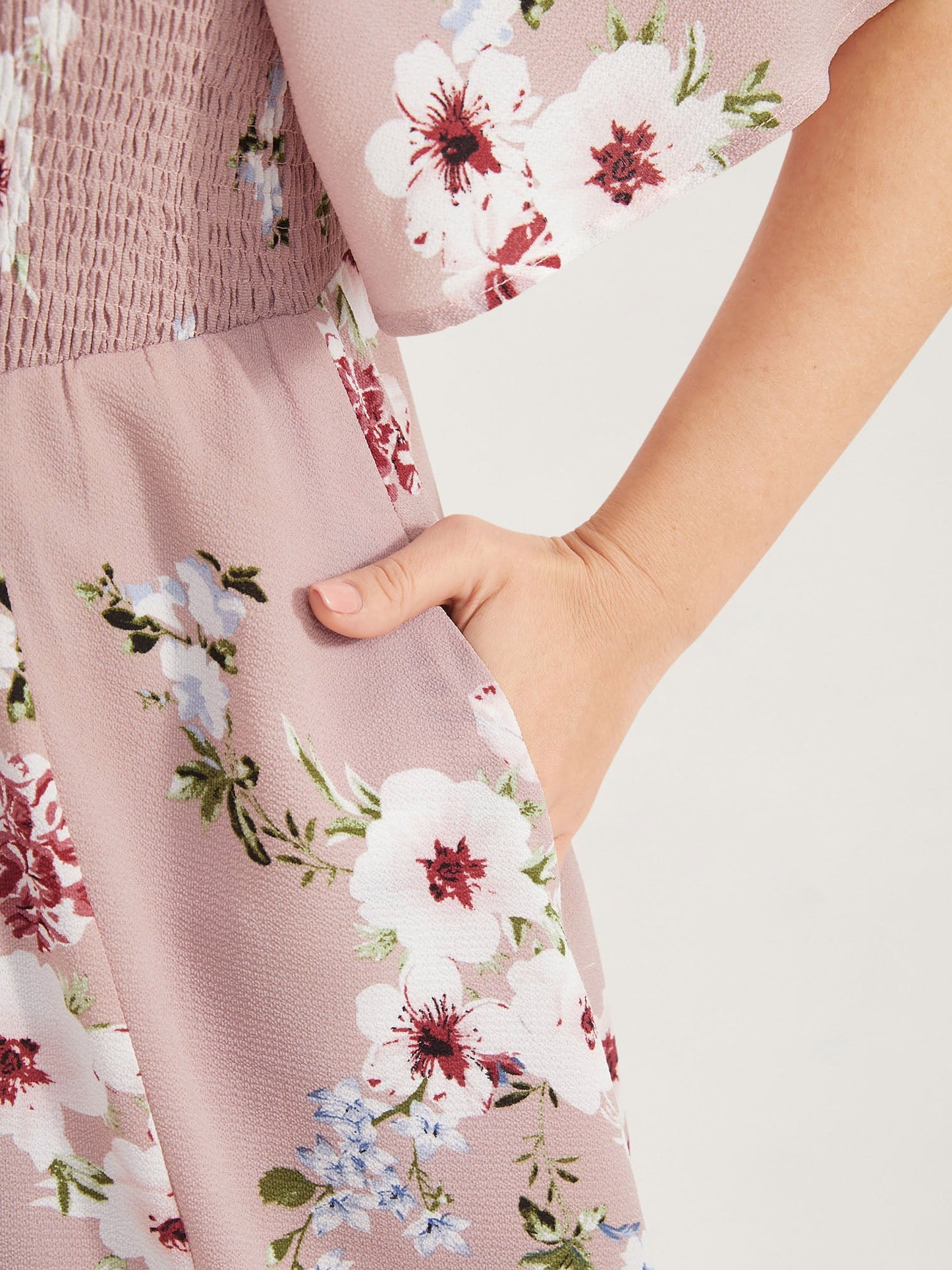 Floral Square Neck Ruffles Pocket Shirred Split Dress