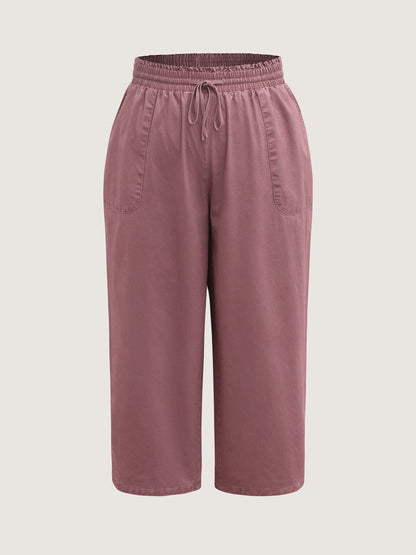 Cotton Shirred Wide Waistband Hem Slit Pants