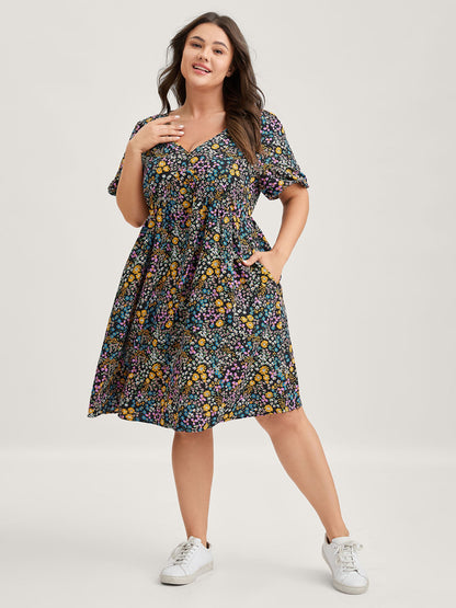 Floral Print Deep V-Neck Midi Dress