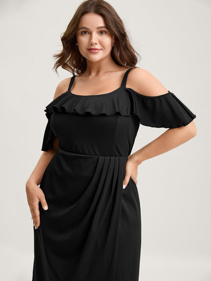 Pleated Ruffled Off-Shoulder Midi Dress