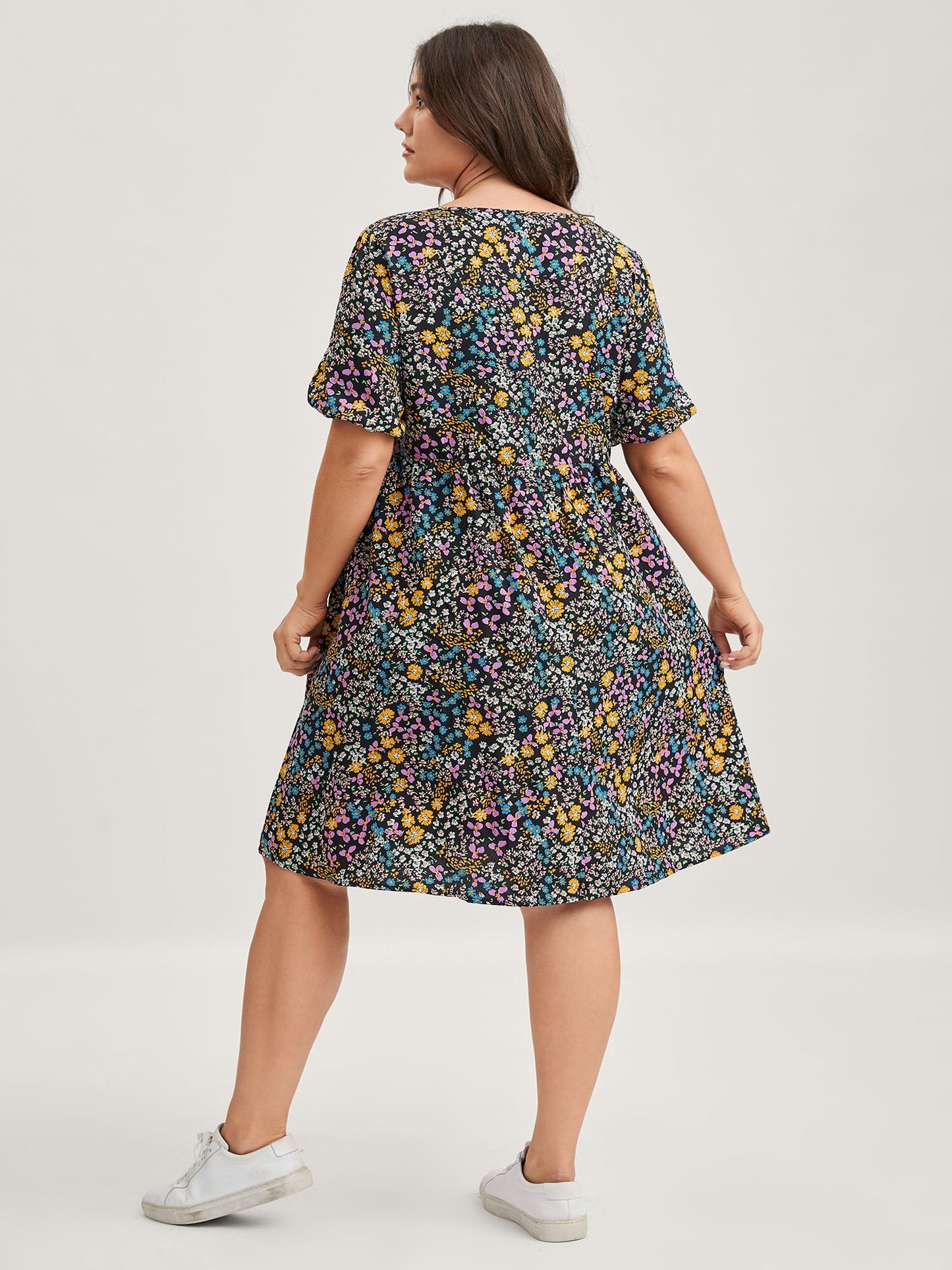 Floral Print Deep V-Neck Midi Dress