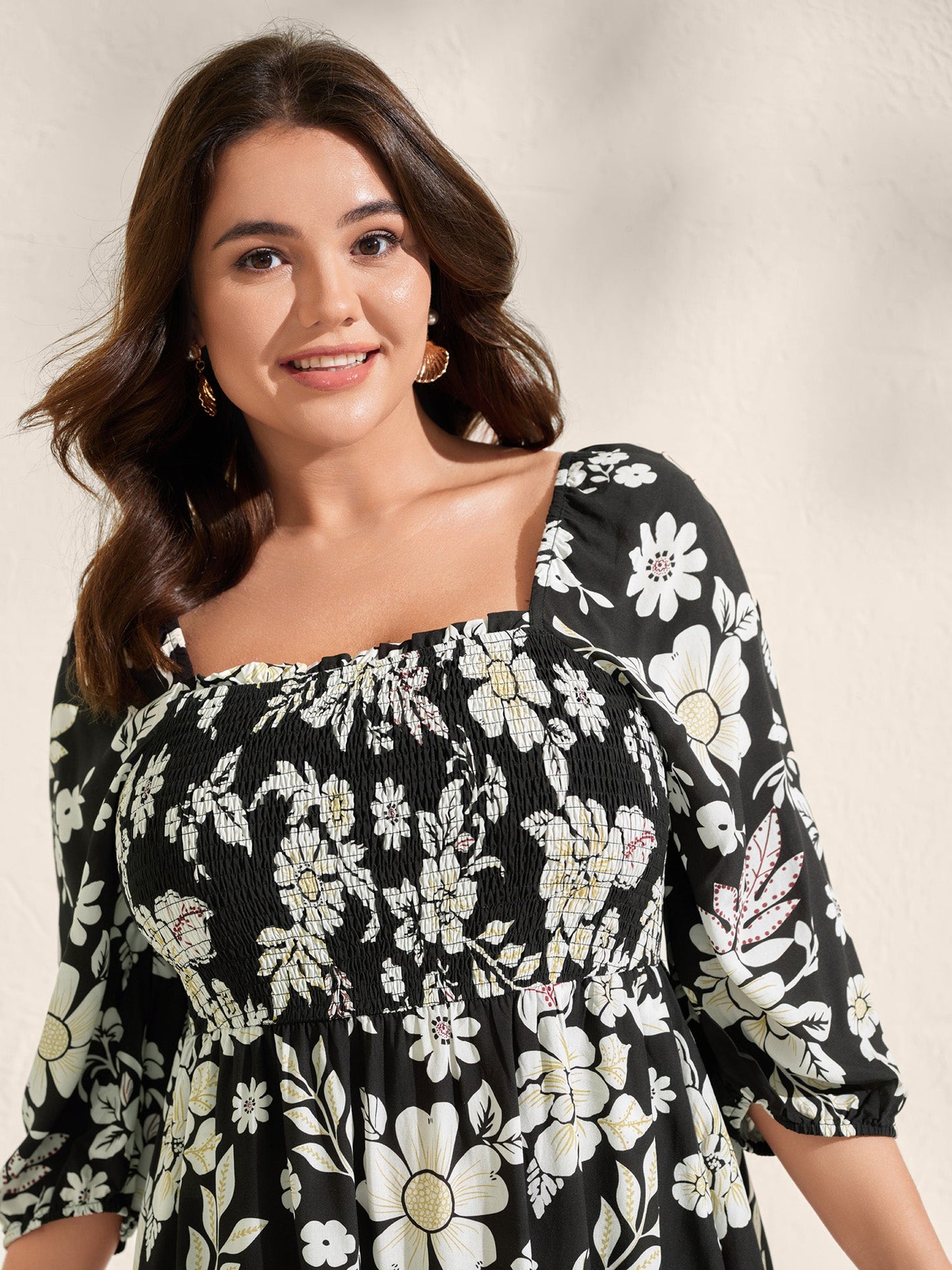 Floral Print Slit Shirred Bodice Midi Dress