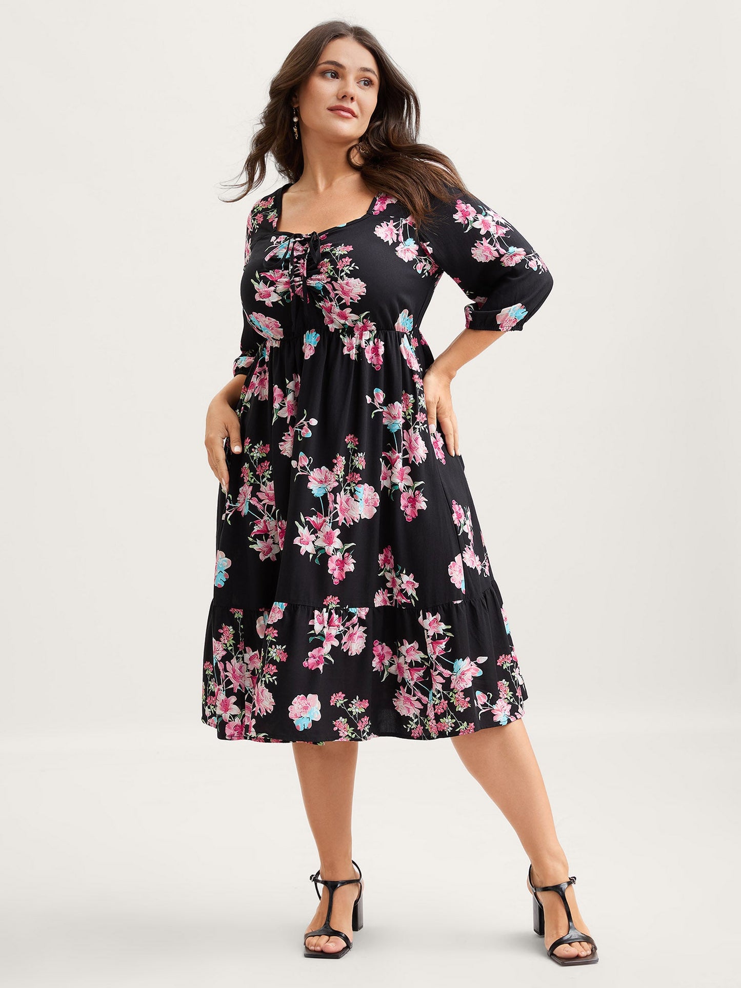 Floral Adjustable Bust Drawstring Midi Dress