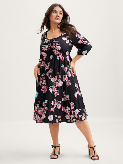 Floral Adjustable Bust Drawstring Midi Dress