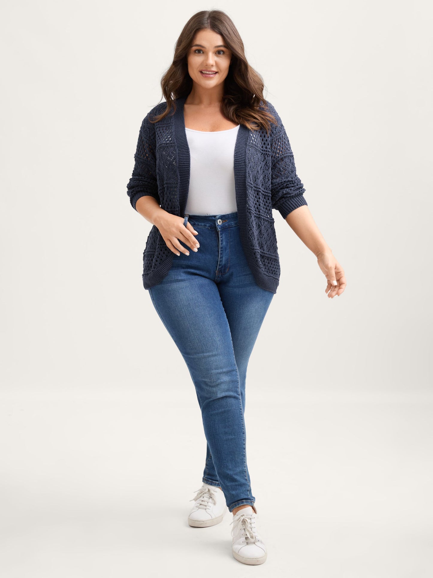 Textured Cut-Out Arc Hem Lightweight Cardigan