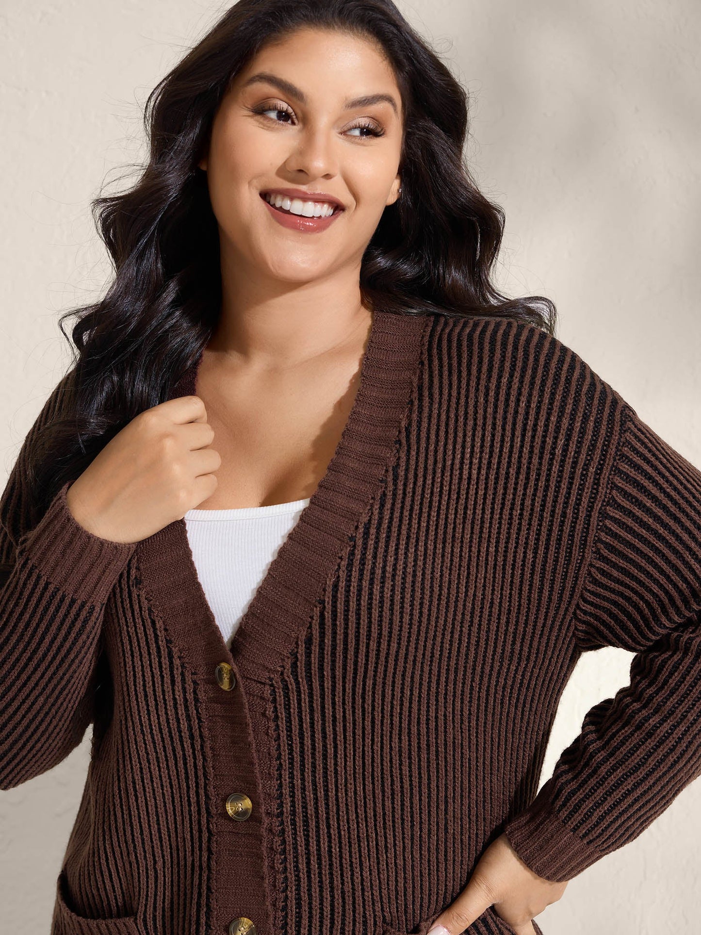 Textured Pocket Buttons Solid Knit Cardigan
