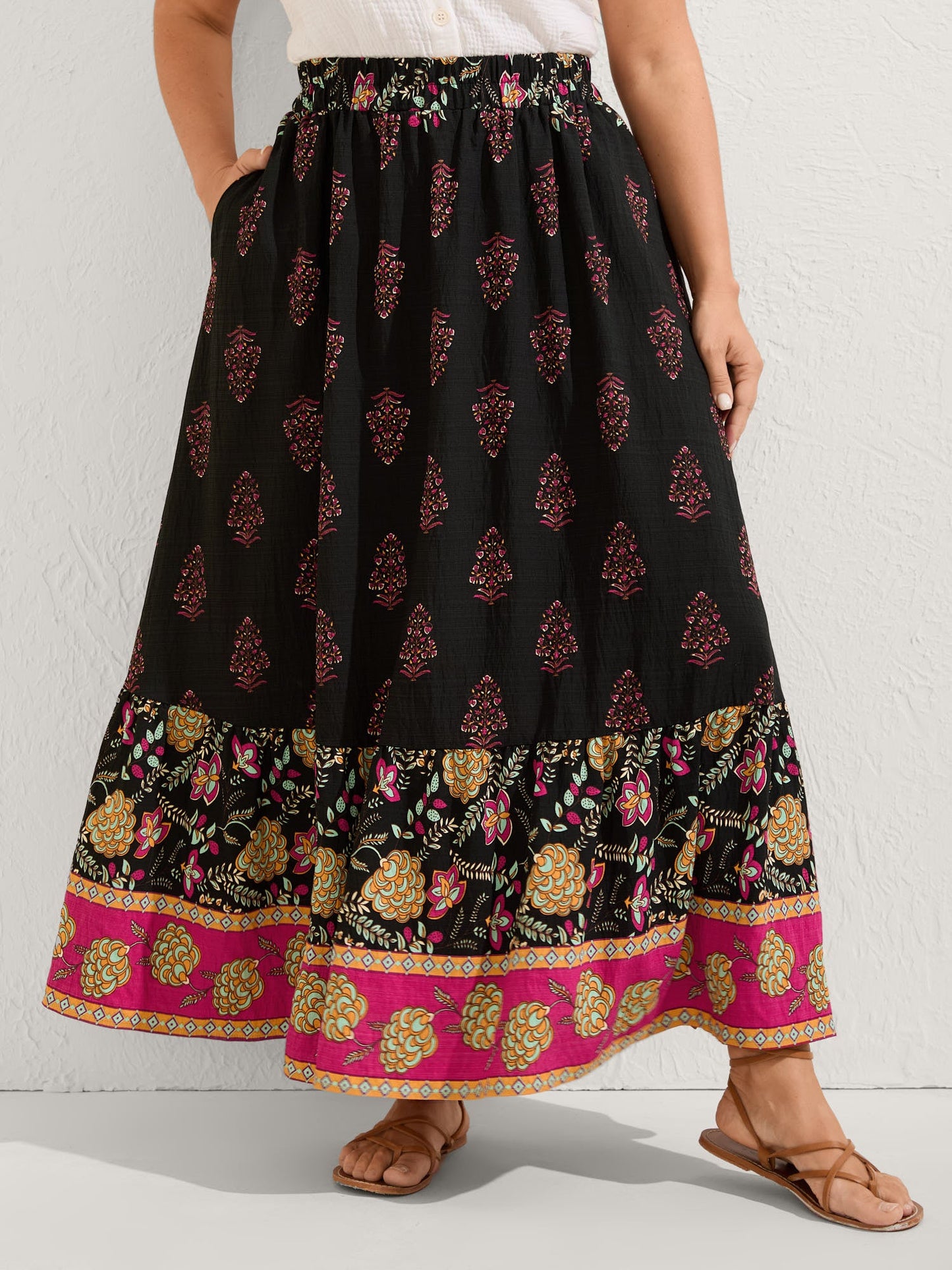 Boho Floral Waist Stretchy Midi Skirt