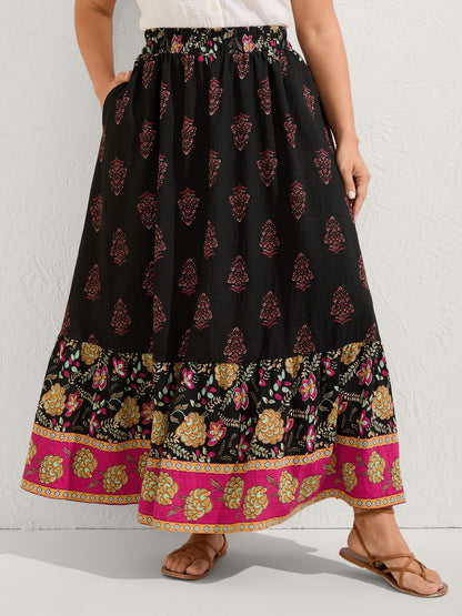 Boho Floral Waist Stretchy Midi Skirt