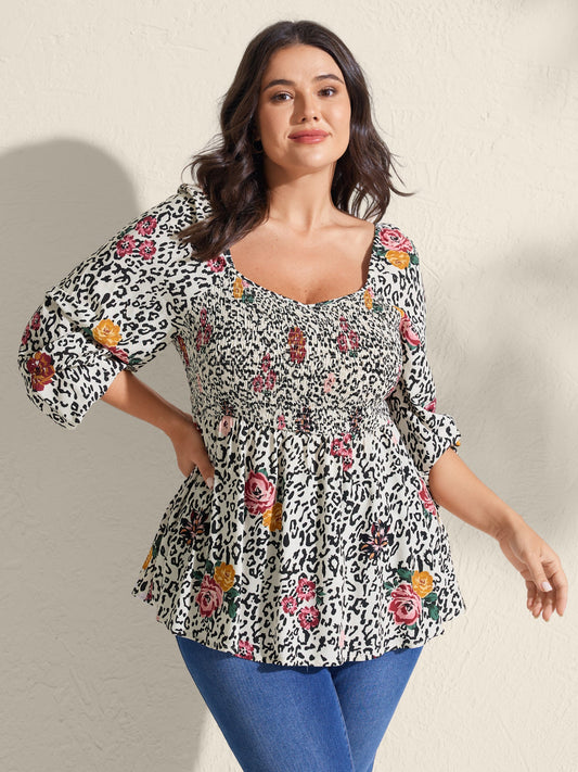 Leopard Floral Print Shirred Blouse