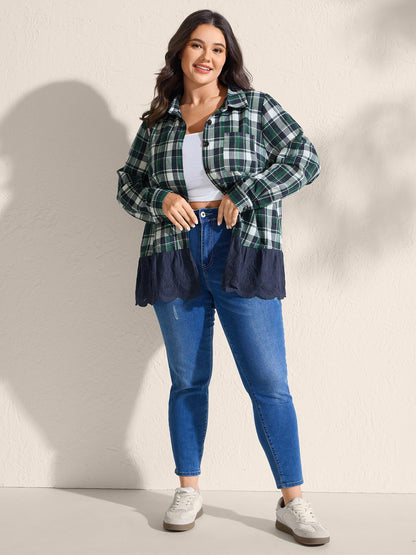 Cotton Embroidery Plaid Spliced Blouse