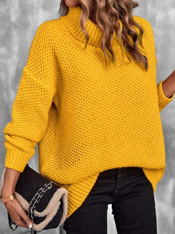 Turtleneck Drop Shoulder Pointelle Knit Sweater