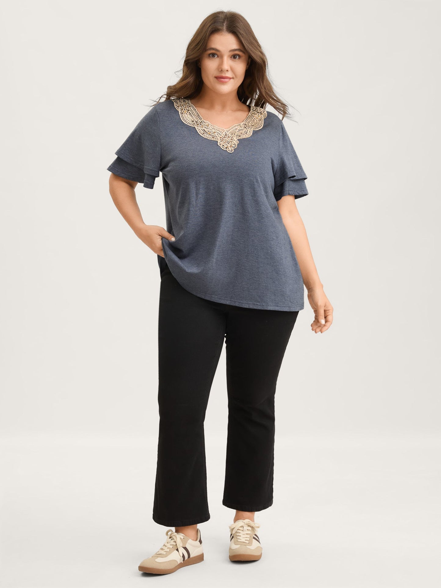 Layered Sleeve Lace Neck Solid T-Shirt