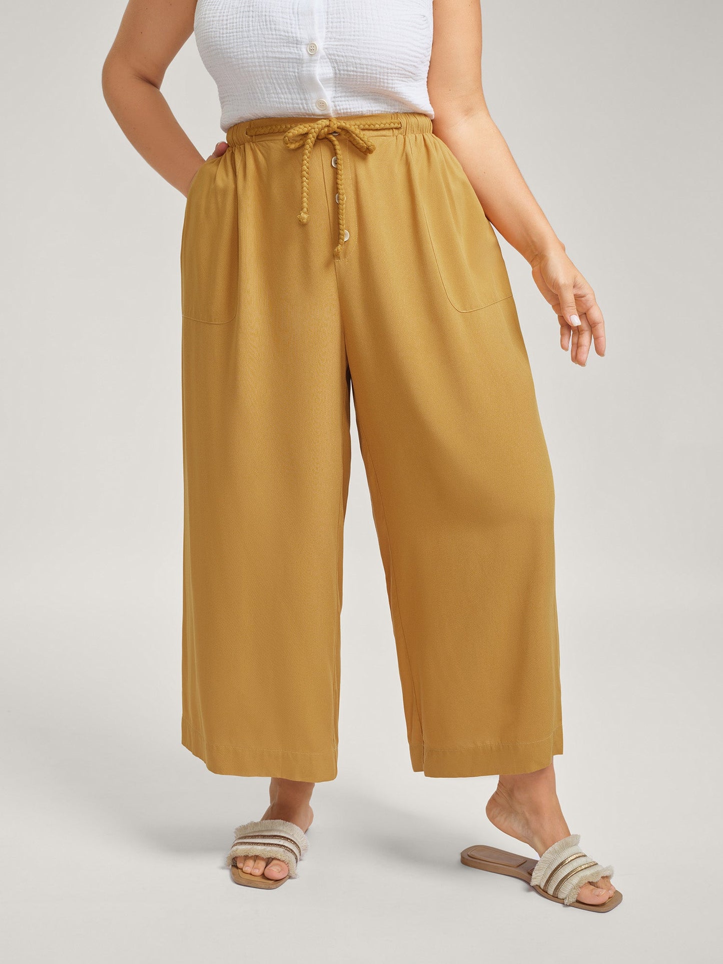Waist-Tie Ornaments Button Detail Wide-Leg Pants