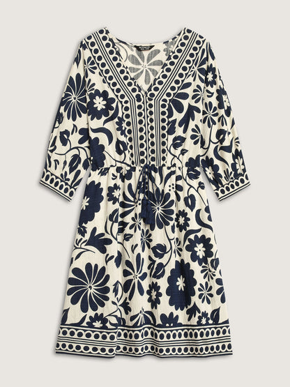 Floral Waist-Drawstring Tassel Midi Dress