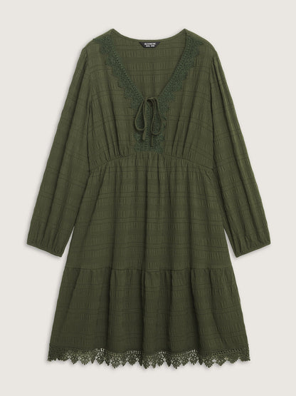 Textured Lace Adjustable Neck-Tie Midi Dress