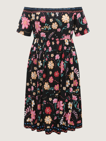 Rayon Floral Shirred Off-Shoulder Midi Dress