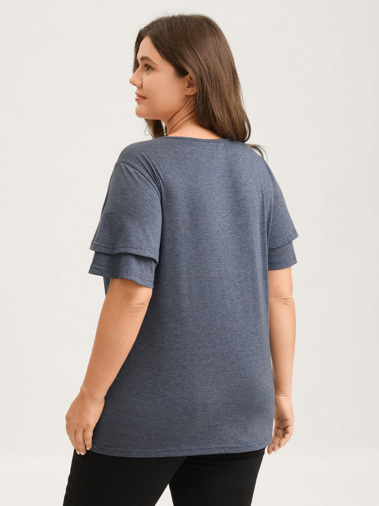 Layered Sleeve Lace Neck Solid T-Shirt