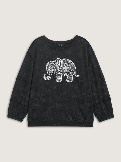 Vintage Elephant Motif Waffle Woven Sweatshirt