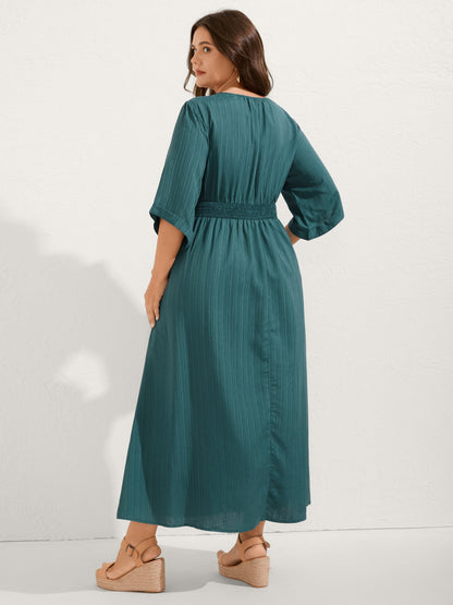 Textured Shirred-Waist Adjustable Pockets Midi Dress