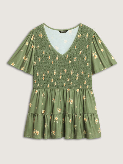 Floral Shirred Tiered Knit Top