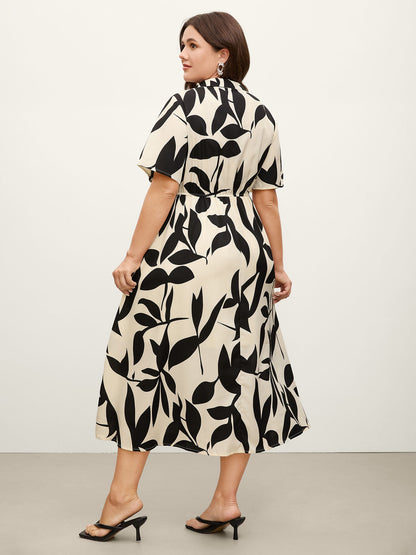 Leaf Print Buttons Waist-Defining Midi Dress
