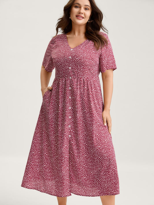 Polka Dots Button Front Midi Dress