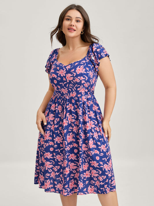 Rayon Silhouette Flower Ruffled Sleeve Midi Dress