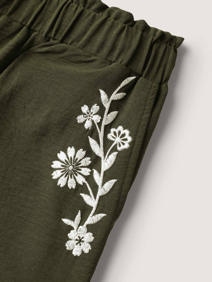Floral Embroidered Pockets Wide-Leg Pants