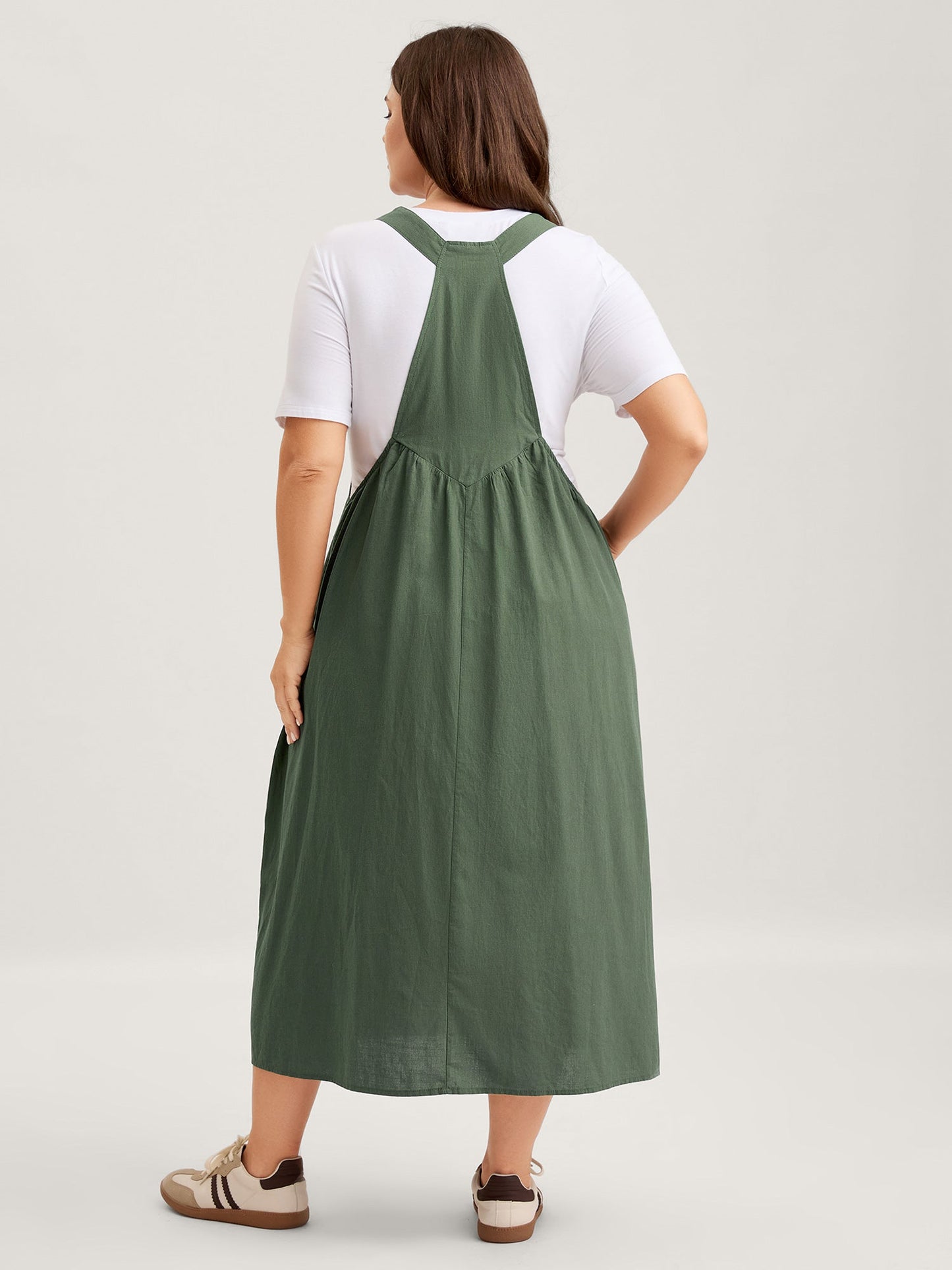 Overall Straps Front Slit Pockets Midi Dress