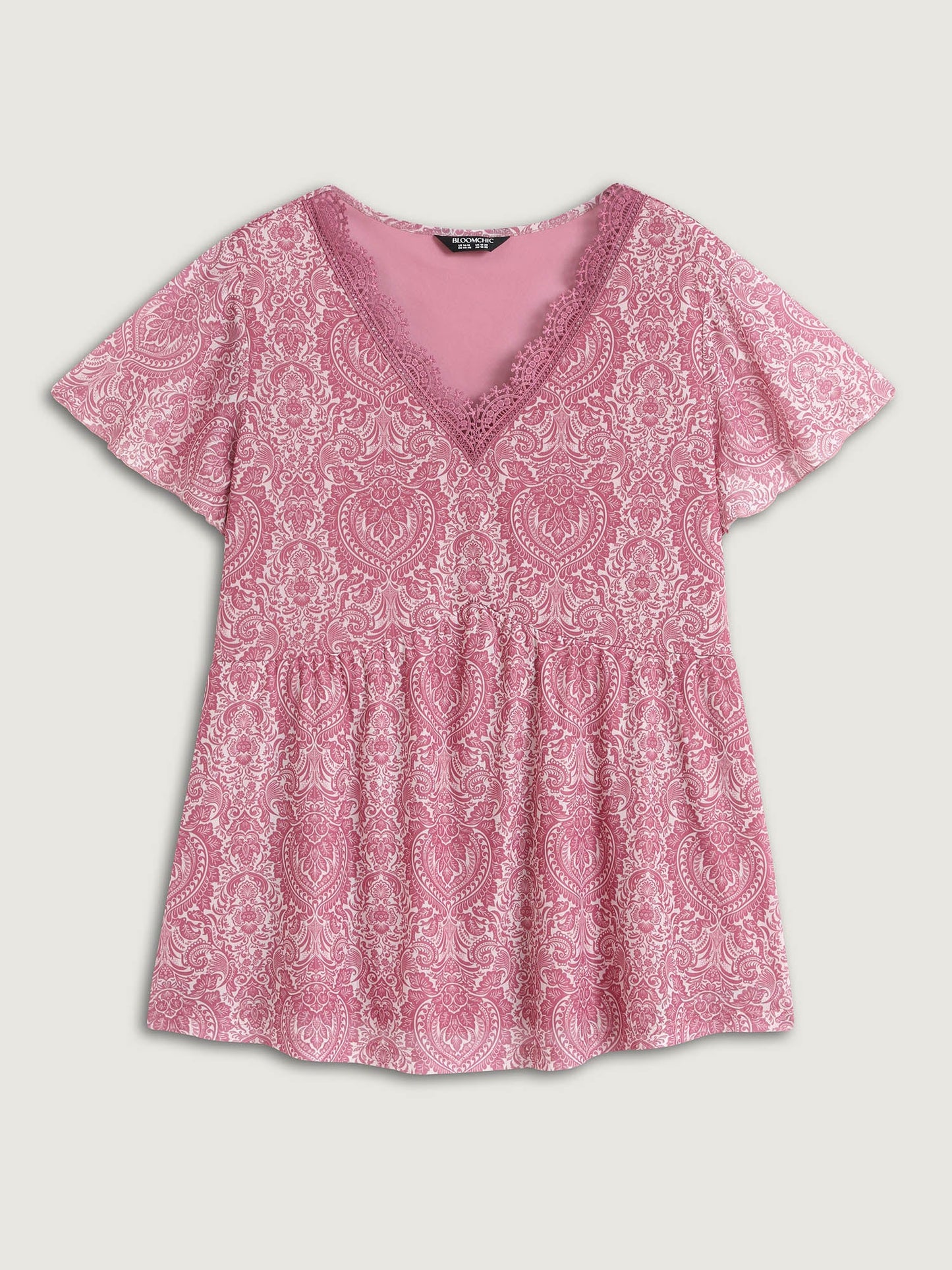 Lace V-Neck Ornate Print Knit Top