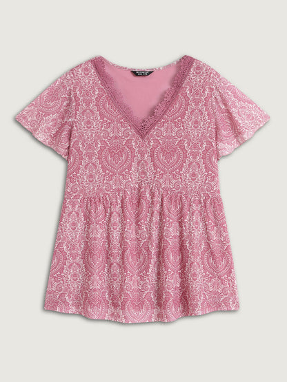 Lace V-Neck Ornate Print Knit Top