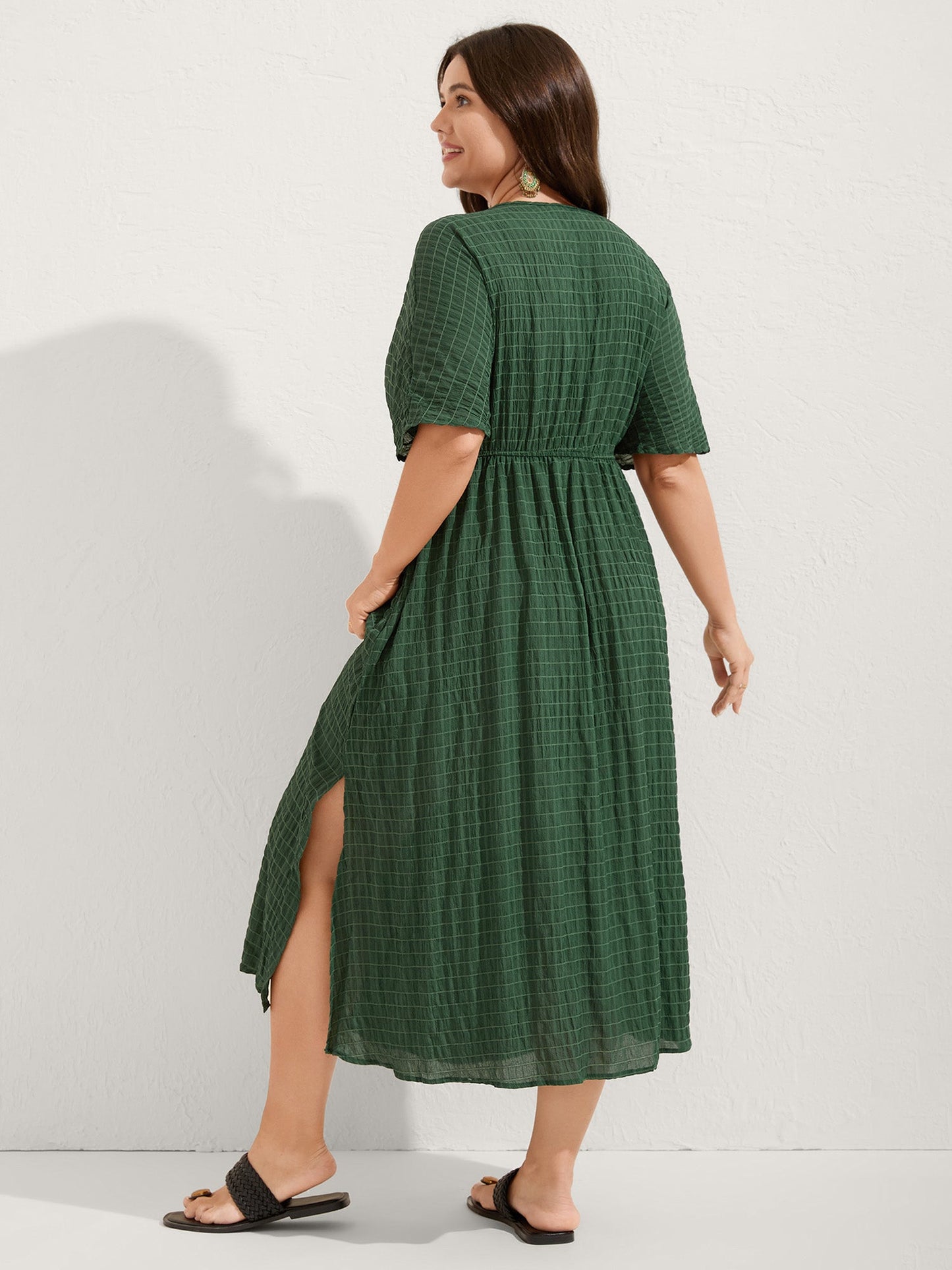 Textured Split Hem Waist-Tie Maxi Dress