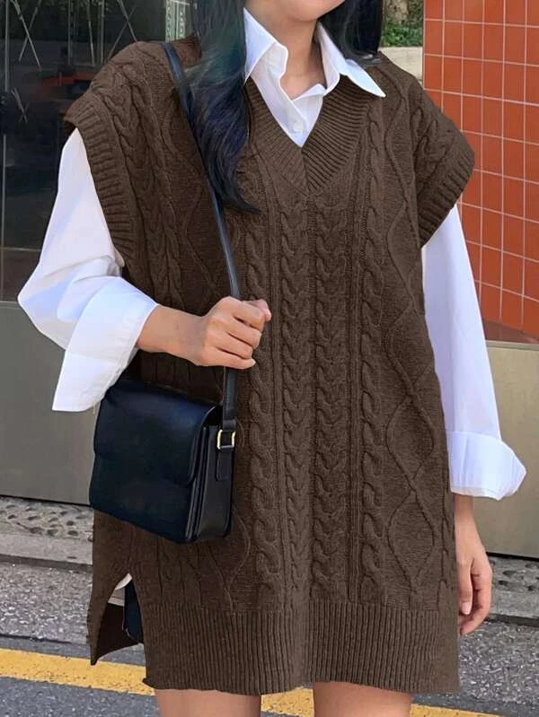 Split Hem Cable Knit Sweater Vest Without Blouse