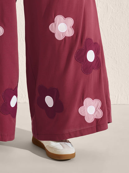 Floral Applique Embroidery Wide-Leg Pants