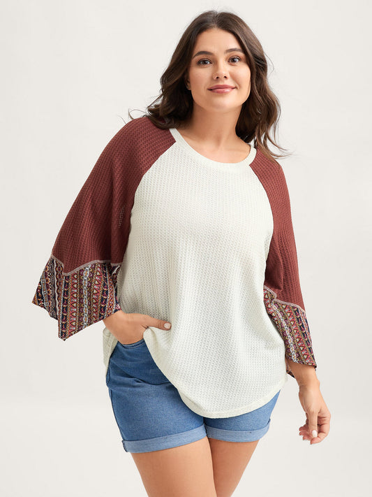 Raglan Sleeve Patchwork Waffle T-Shirt