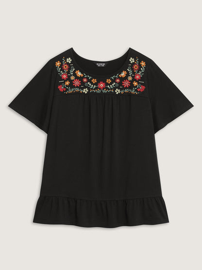 Stretchy Floral Embroidery Ruffled Hem Top