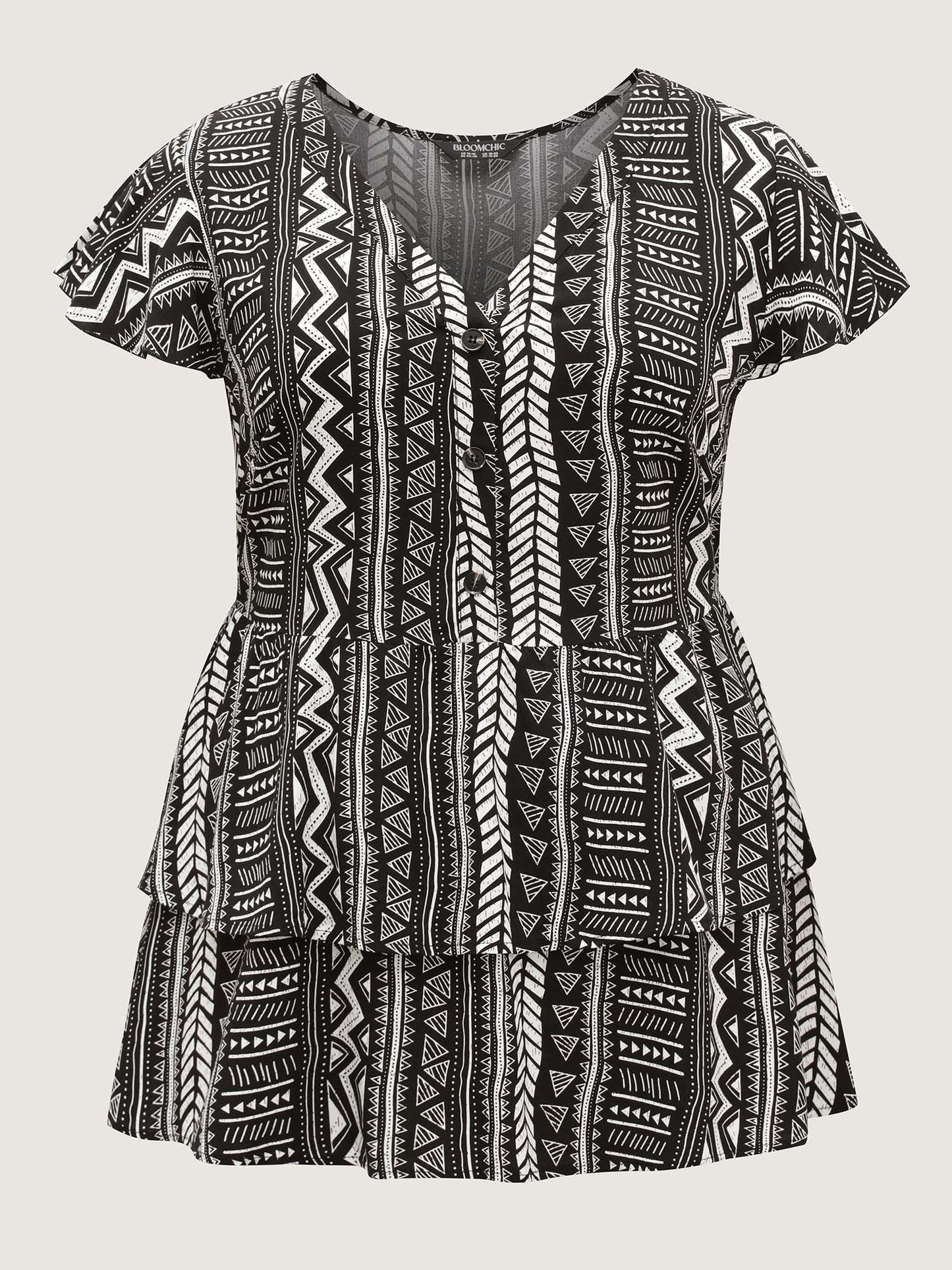 Geometric Print Button Layered Blouse